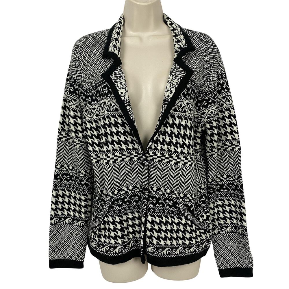 Coldwater Creek Wool Cardigan Sweater Medium Black Houndstooth Blazer‎ Pockets